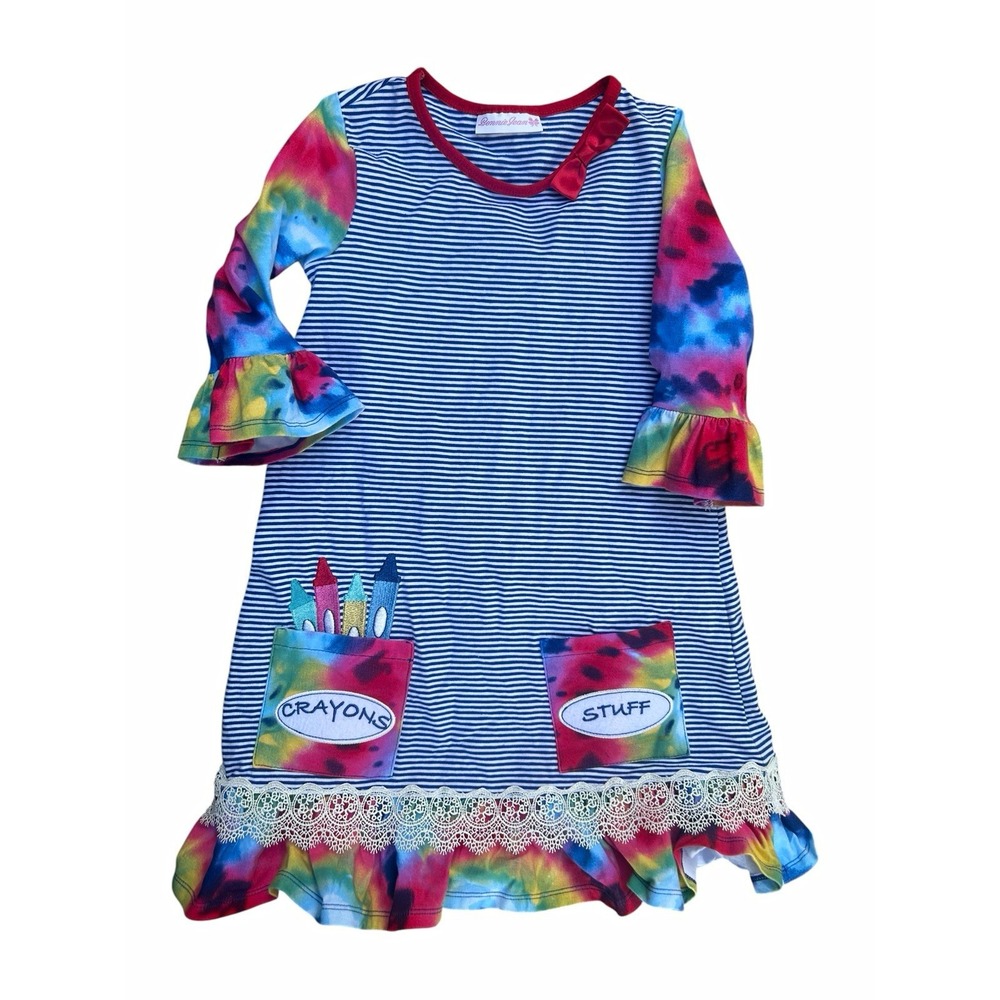 Bonnie Jean Girls School Dress Art Class Tie-Dye Ruffle Long Sleeve Pockets Sz 6